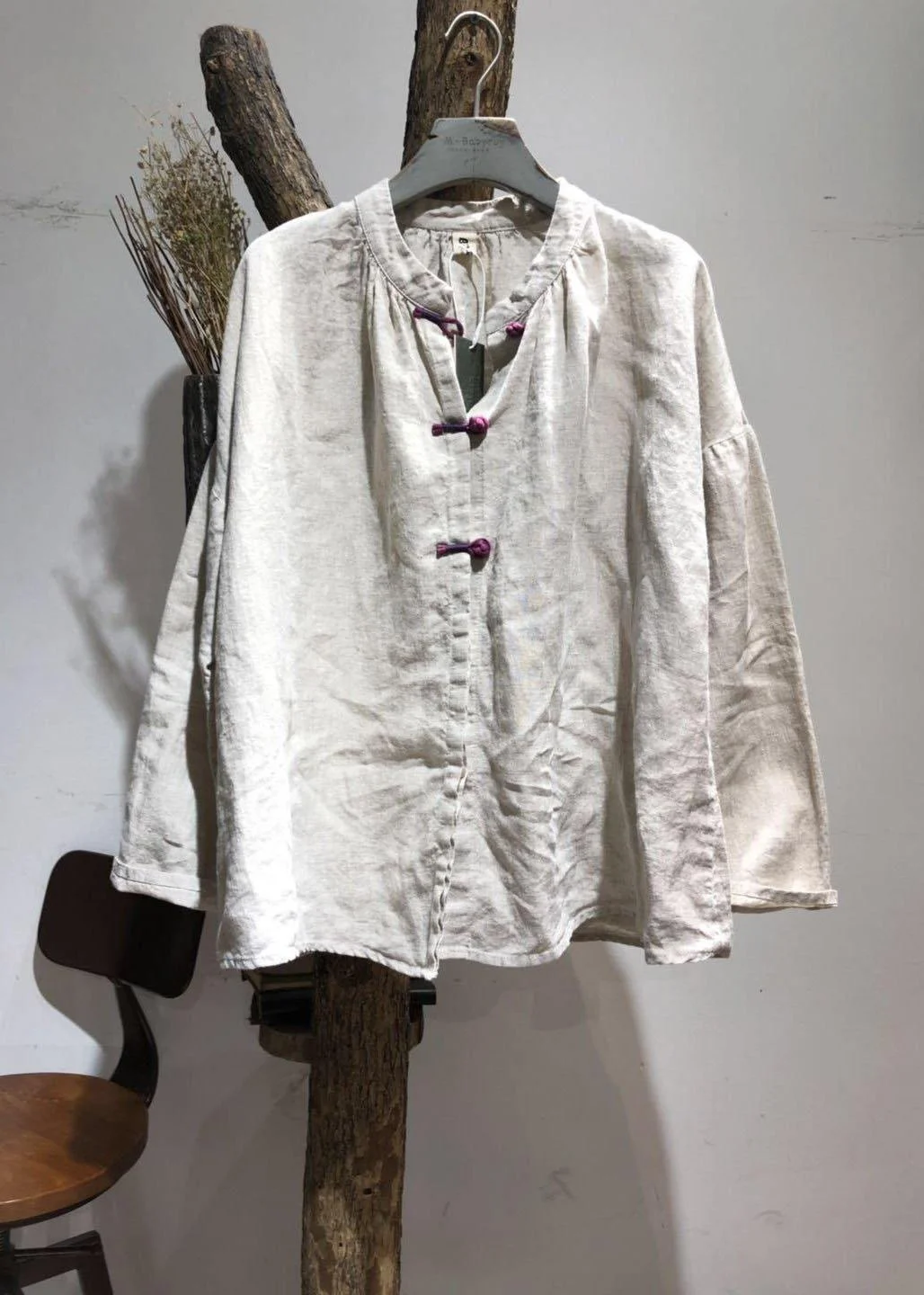 Bohemian Chinese Button linen tunics for women Christmas Gifts white tops fall