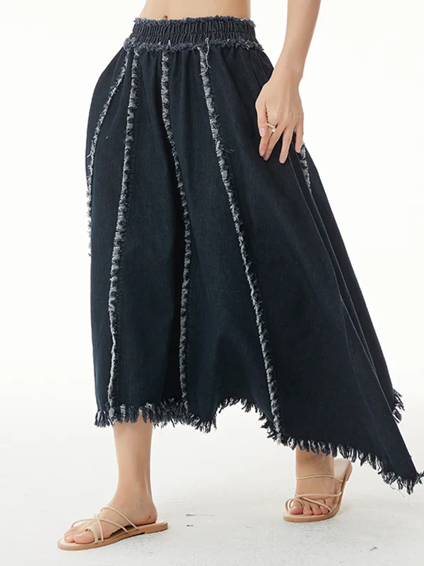 Minimalist High Waisted Asymmetric Fringed Denim Skirt