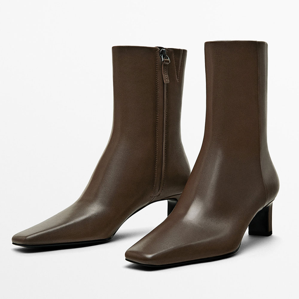 Brown Square Toe Chunky Heel Ankle Boots for Women with Zipper Nicepairs