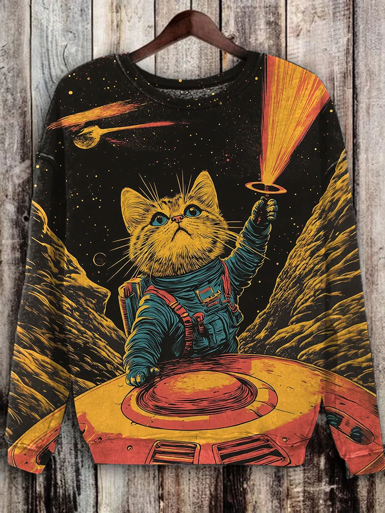 Women's Astronaut Cat Space UFO Print Casual Sweatshirt