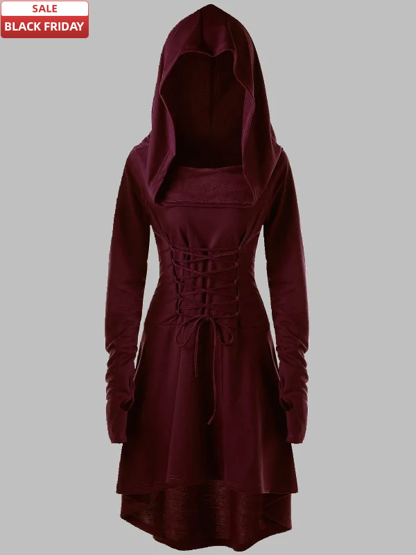Vintage Long Sleeve Bandaged Hooded Dress