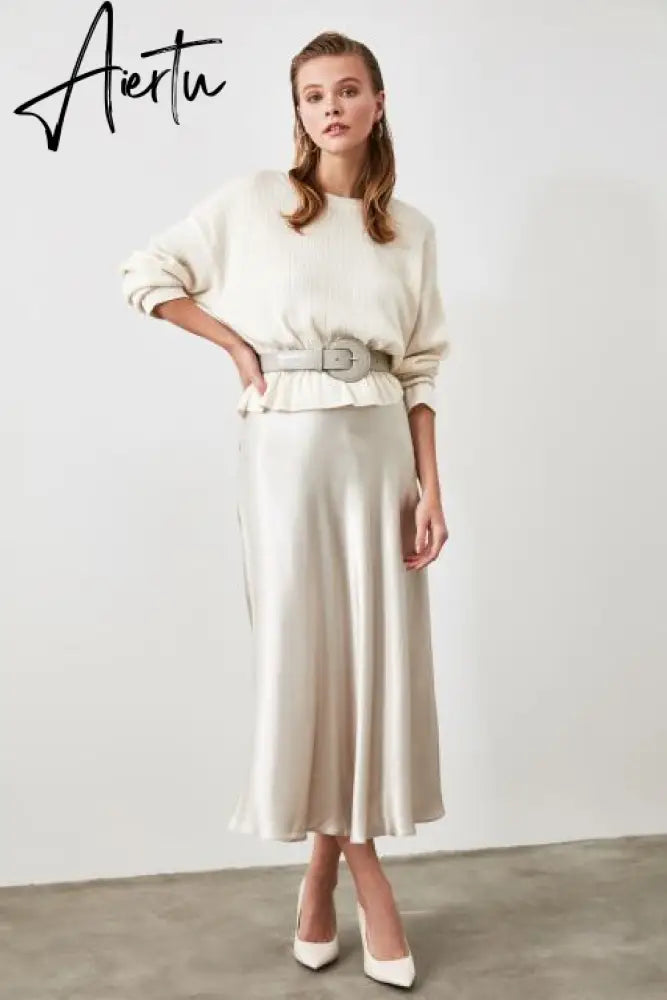 Trendyol Satin Midi Skirt TWOAW21ET0223 юбка faldas юбка с высокой талией faldas largas юбка летняя jupe longue femme Fashion Aiertu