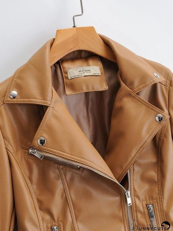 Lapel Collar Zip Up PU Moto Jacket