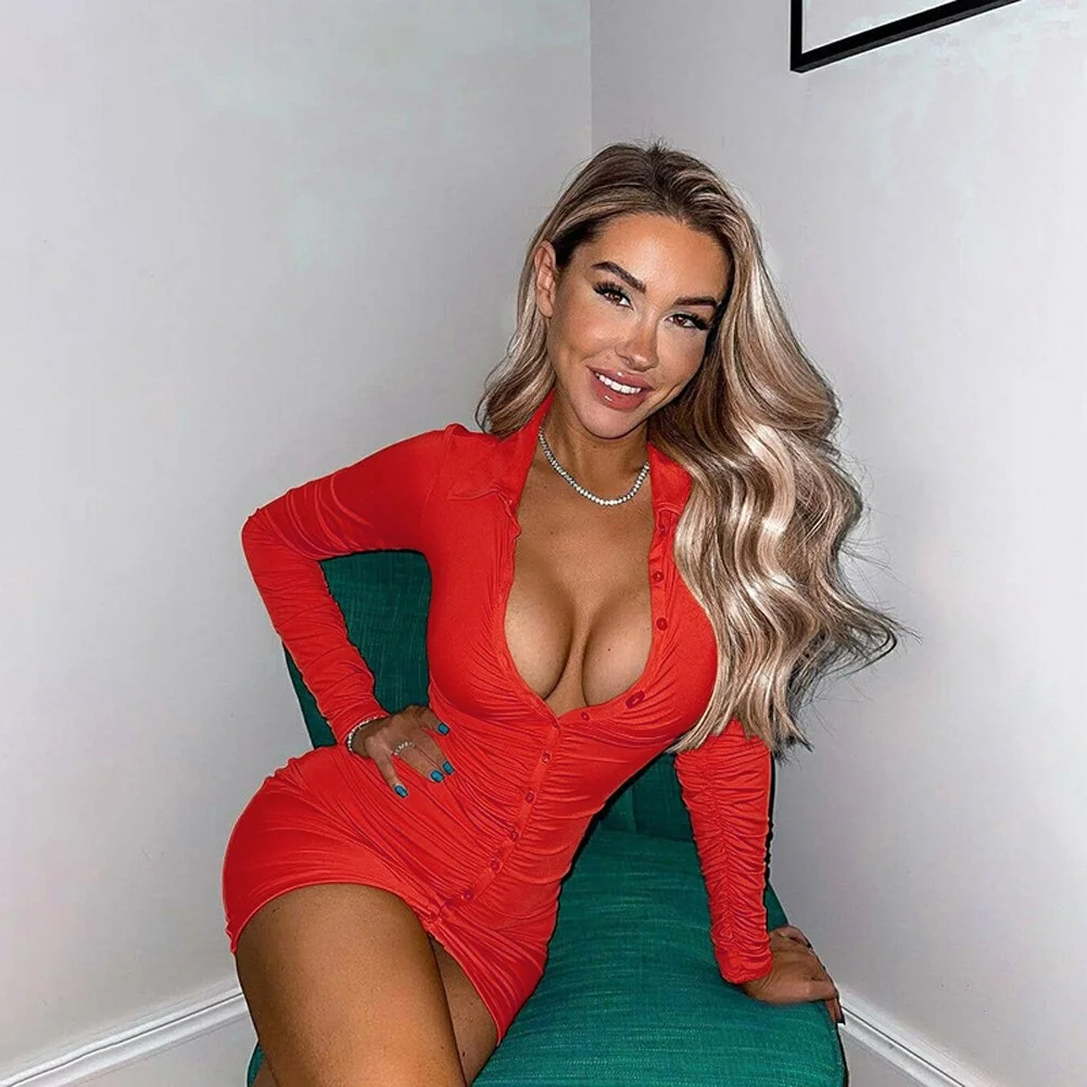 Sexy Bodycon Mini Shirt Dress Long Sleeve Solid Color Outfit Button Down Lapel One-Piece Ruched Women Slim Fashion Clubwear 2021