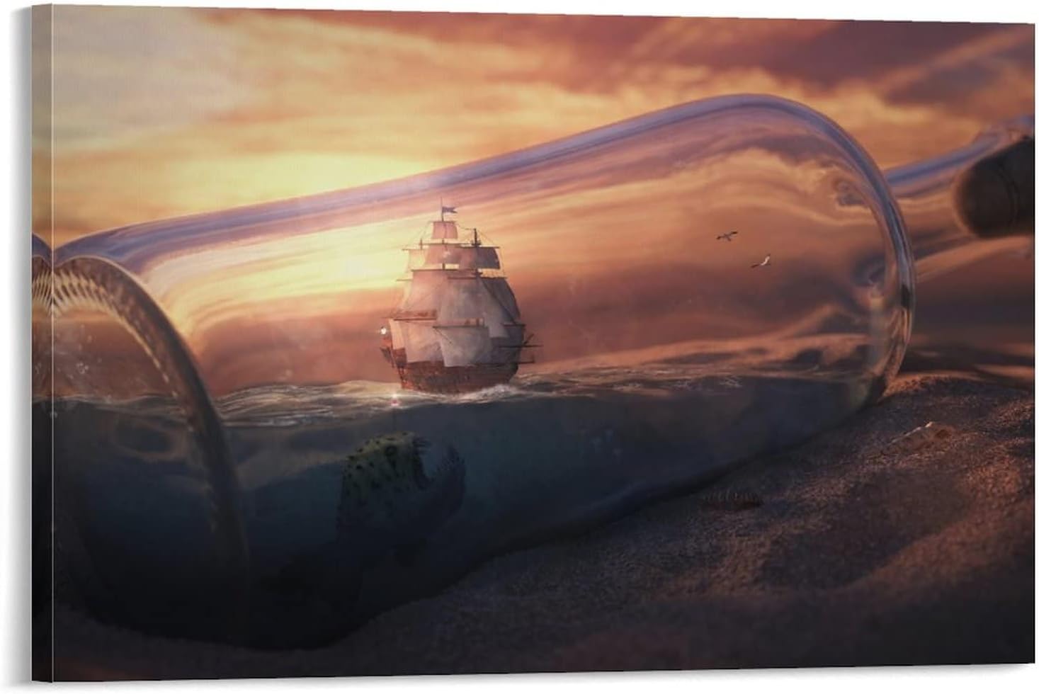 Fantasy Painting Canvas Wall Art Water Bottle Big Fish Sailboat Seagull 3D Fantasy Art Sunset Beach Creative Poster Artwork Home Decor for Bedroom Bathroom Living Room 20x30inch(50x75cm) Frame-Style 20x30inch(50x75cm)