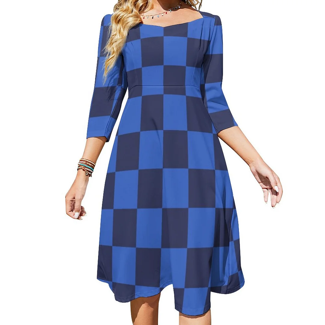 Modern Blue Croatian Geometric Checkered Dress Sweetheart Tie Back Flared 3/4 Sleeve Midi Dresses