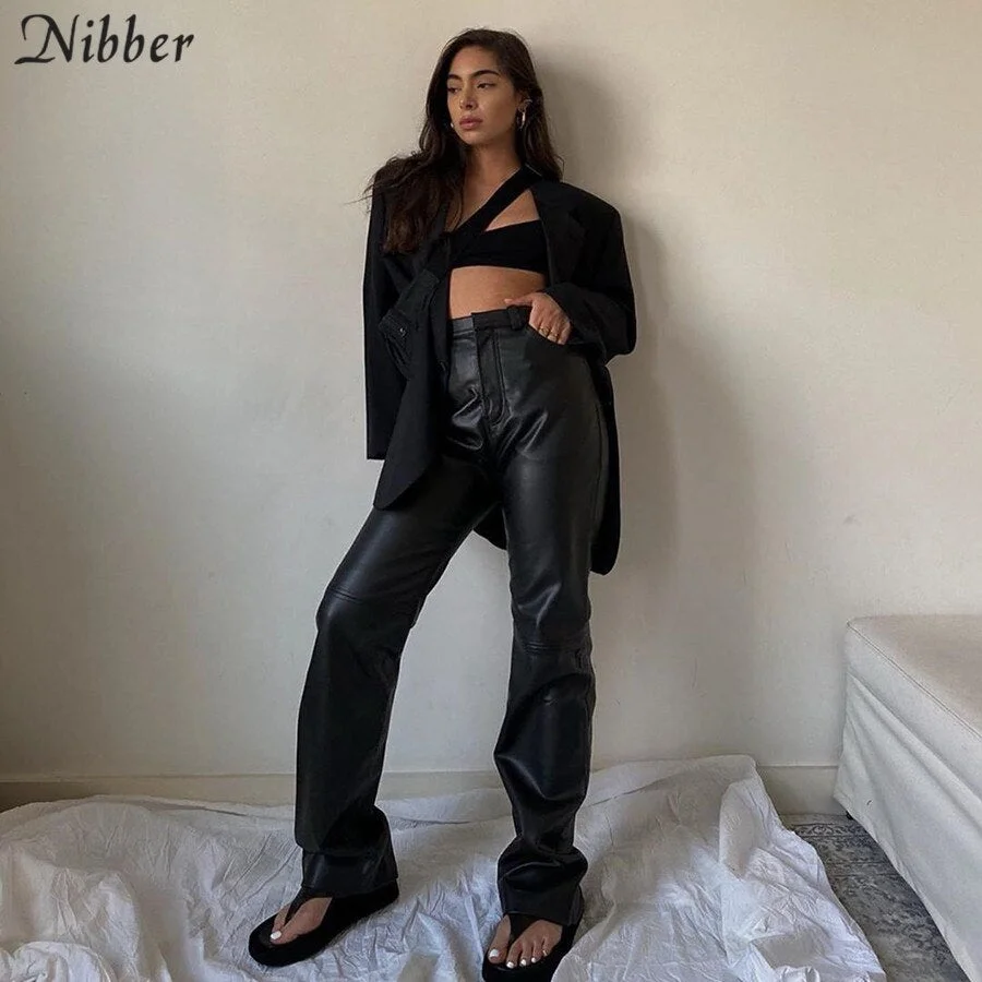 Nibber Women Faux Leather High Waist Straight Pants Fall Vintage Popular Streetwear Trousers Femme Elegant Hin Thin Slacks Pants