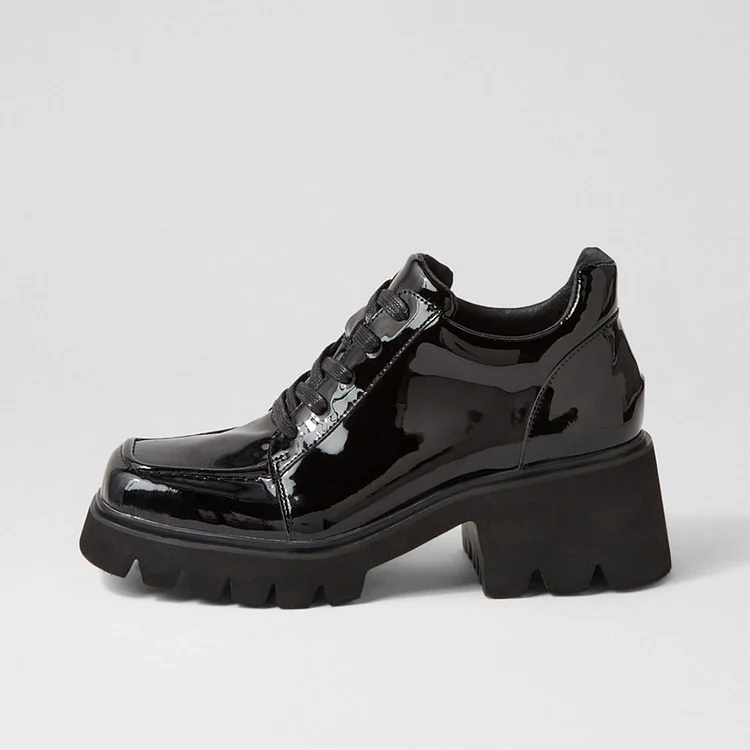 Black Patent Leather Square Toe Chunky Heel Platform Shoes for Women |FSJ Shoes