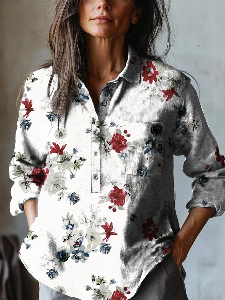 Women's Vintage Floral Art Print Casual Cotton and Linen Shirt