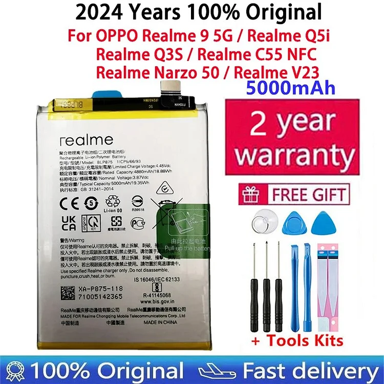 100% Original 5000mAh High Quality Replacement Battery For OPPO Realme 9 5G  Q5i Q3S  C55 NFC  Narzo 50 V23 Batteries
