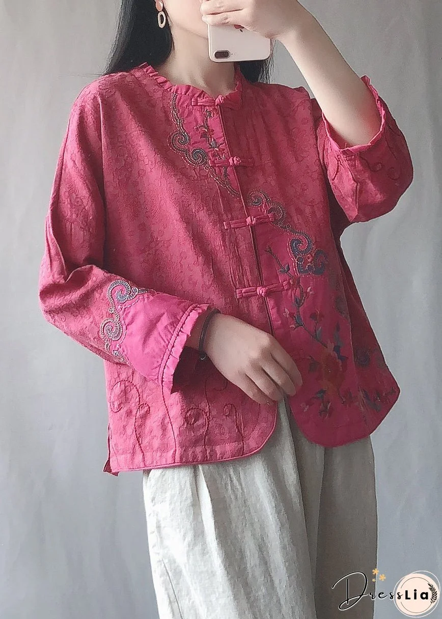 Vintage Pink Ruffled Embroideried Chinese Button Cotton Short Coat Spring