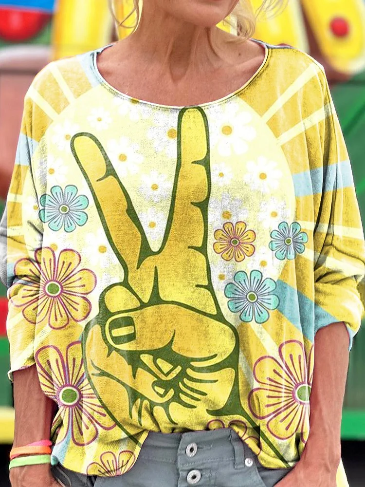 Hand Peace Love Sign Printed Loose Round Neck Women's Long Sleeve Top