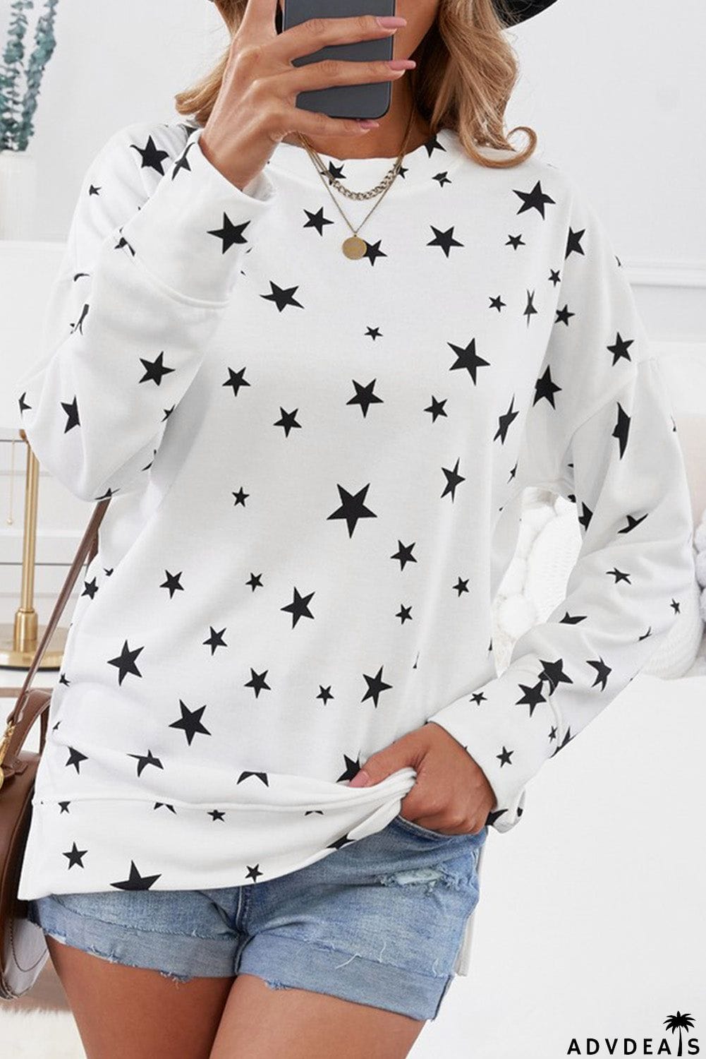 Round Neck Star Print Long Sleeve Top