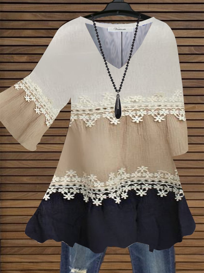 Women Half Sleeve V-neck Lace Printed Top Dress