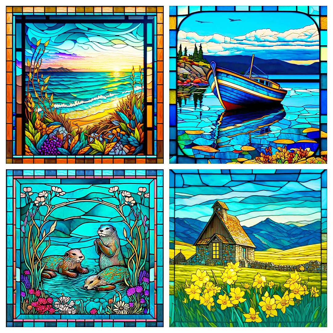 4pcs Full Round Diamond Painting - Stained Glass Landscape(30*30cm)