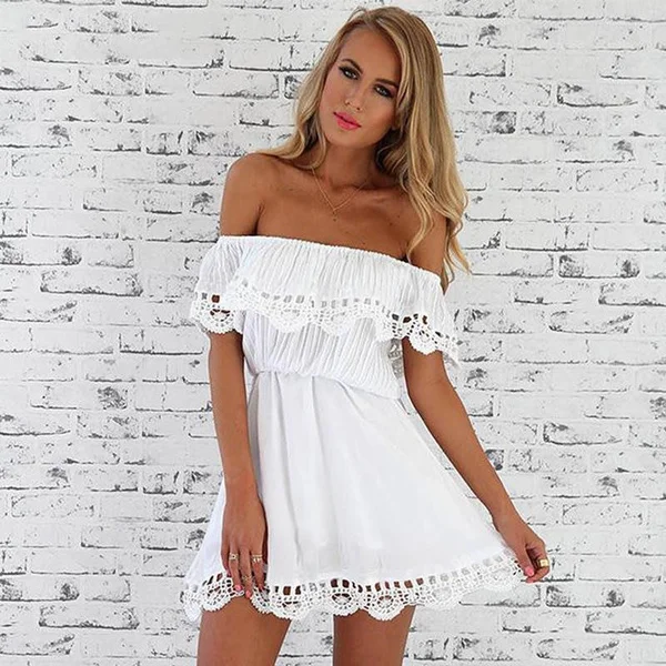 Summer Women White Lace Stitching Dress Off Shoulder Strapless Dress Slash Neck Mini Dresses