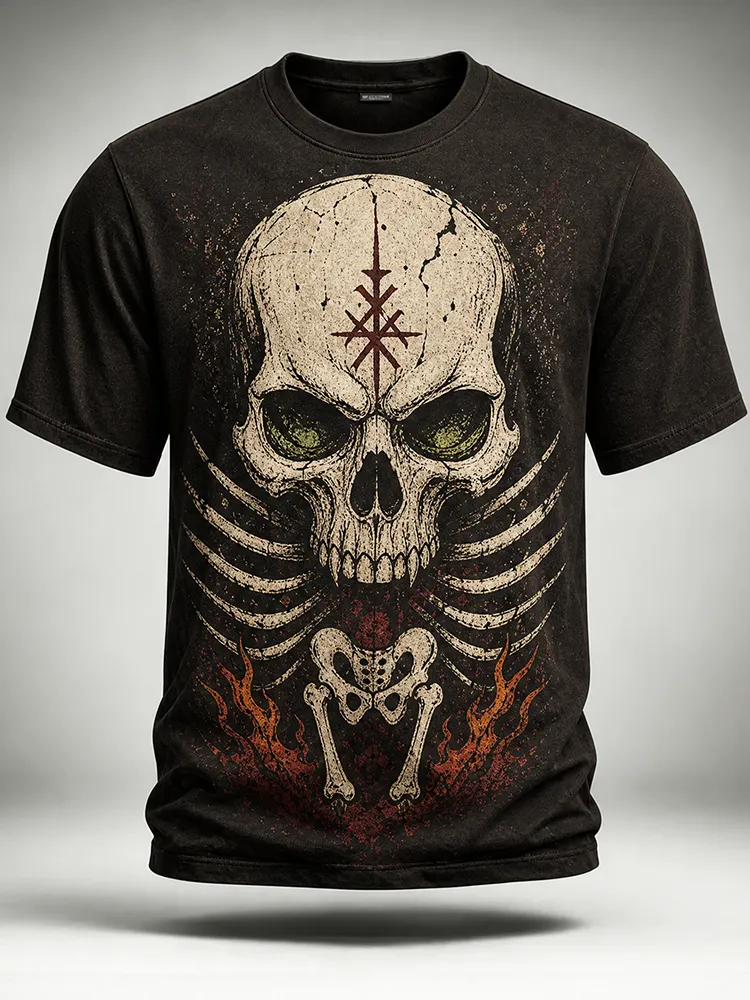 Men's Gothic Graphic T-shirt - Vintage Skull With Forehead Rune Symbol And Ribcage Print Casual Tee