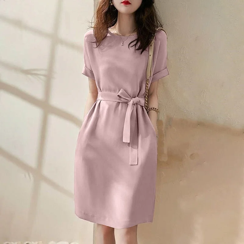 Women's Summer Sundress Belted ZANZEA 2022 Elegant Solid Dress Short Sleeve Knee Length Vestidos Female Basic Robe Oversized