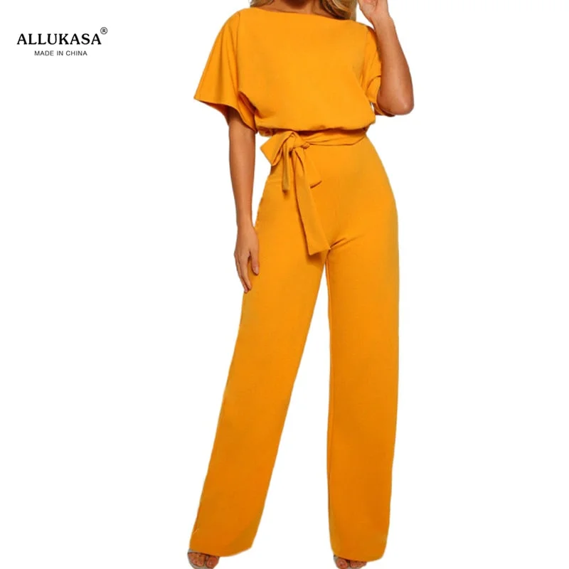 Jumpsuit Casual Short Sleeve Solid Color Playsuit Round Neck High Waist Elegant Lace-up Jumpsuit Romper 2020 top Women's Summer