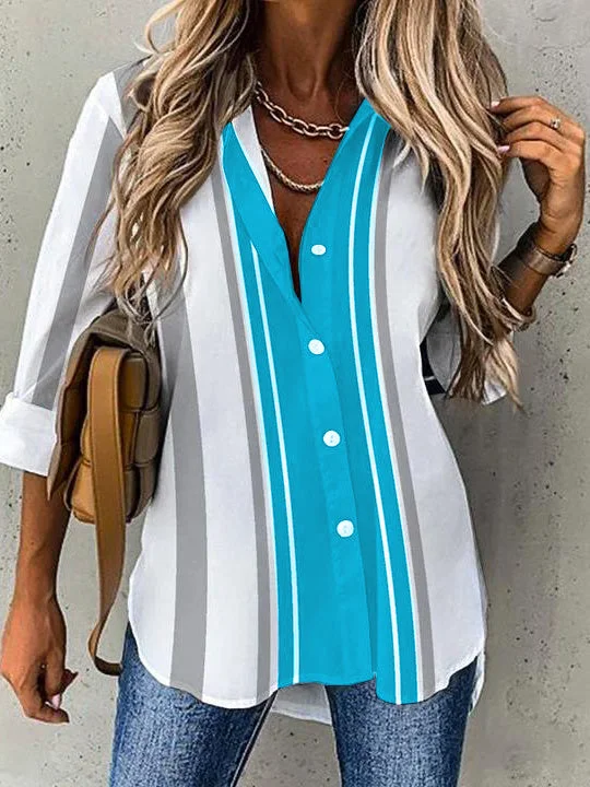 Women's 3/4 Sleeve V-neck Colorblock Striped Buttons Tops