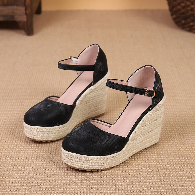 Wongn Wongn And Autumn New Wedge Heel Thick Bottom High Heel Hollow Women's Single Shoes Straw Woven Hemp Rope Bottom