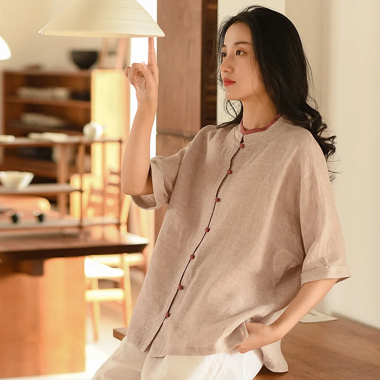 Vintage Solid Color Short Sleeve Shirt - yankia