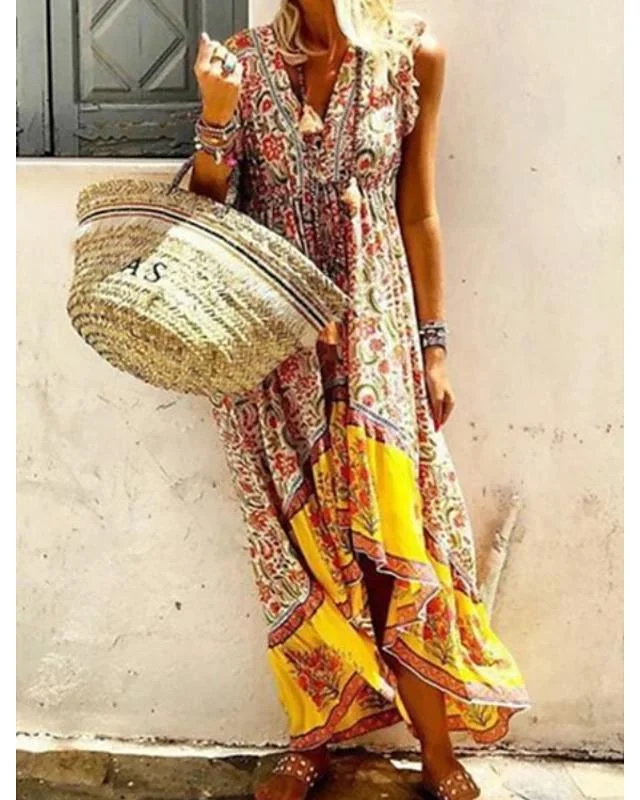 Women's A-Line Dress Maxi long Dress Sleeveless Print Summer Casual Mumu vacation dresses  Yellow S M L XL XXL 3XL