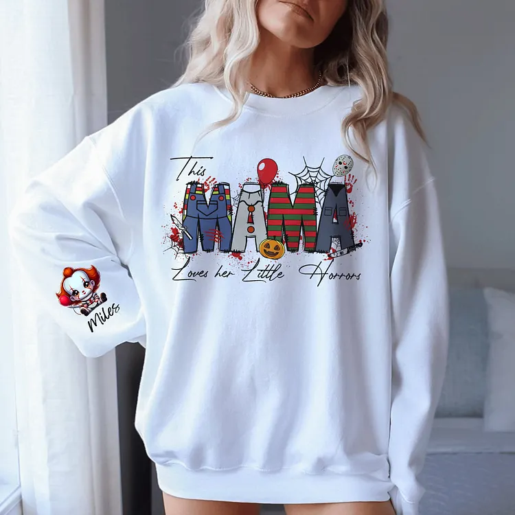 Personalized This Mama Loves Her Little Nightmares Sweatshirt, Mama Shirt With Kids Name, Spooky Season Halloween Popular Now