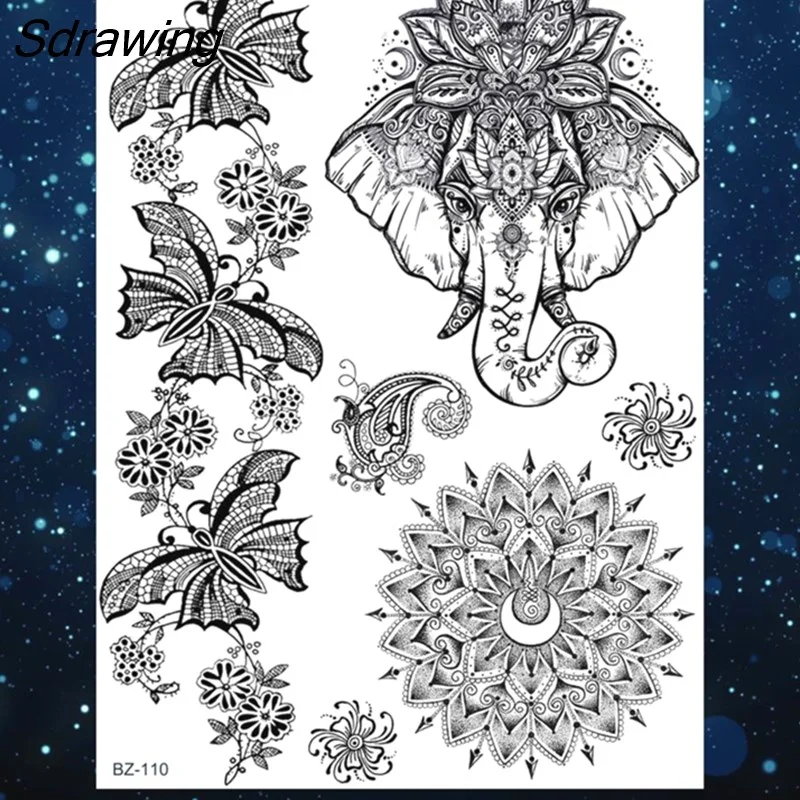 Sdrawing Henna Temporary Tattoos For Women Girls Feather Butterfly DreamCatcher Fake Gem Tattoo Sticker Chest Arm Tatoos Tribal 328-1