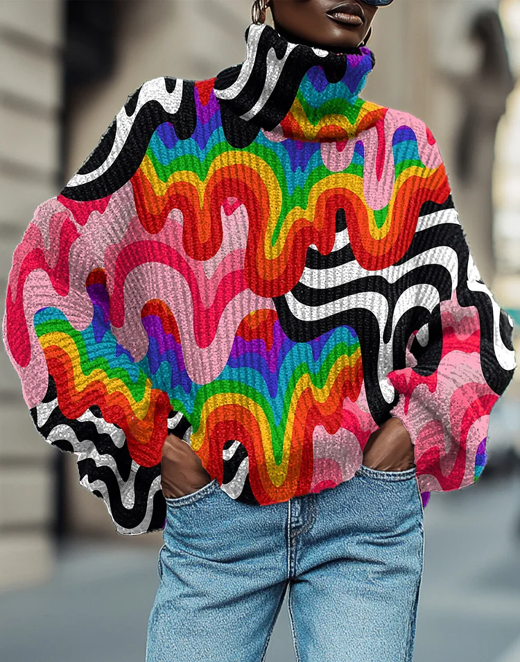 Women's Rainbow Hippie Print High Neck Knit Sweatshirt