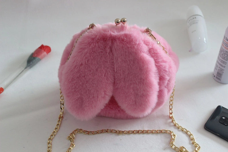Women’s Plush Rabbit Solid Color Cute Round Lock Clasp Handbag Crossbody Bag
