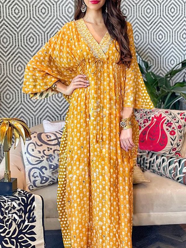V neck yellow pagoda sleeve printed belted maxi dress