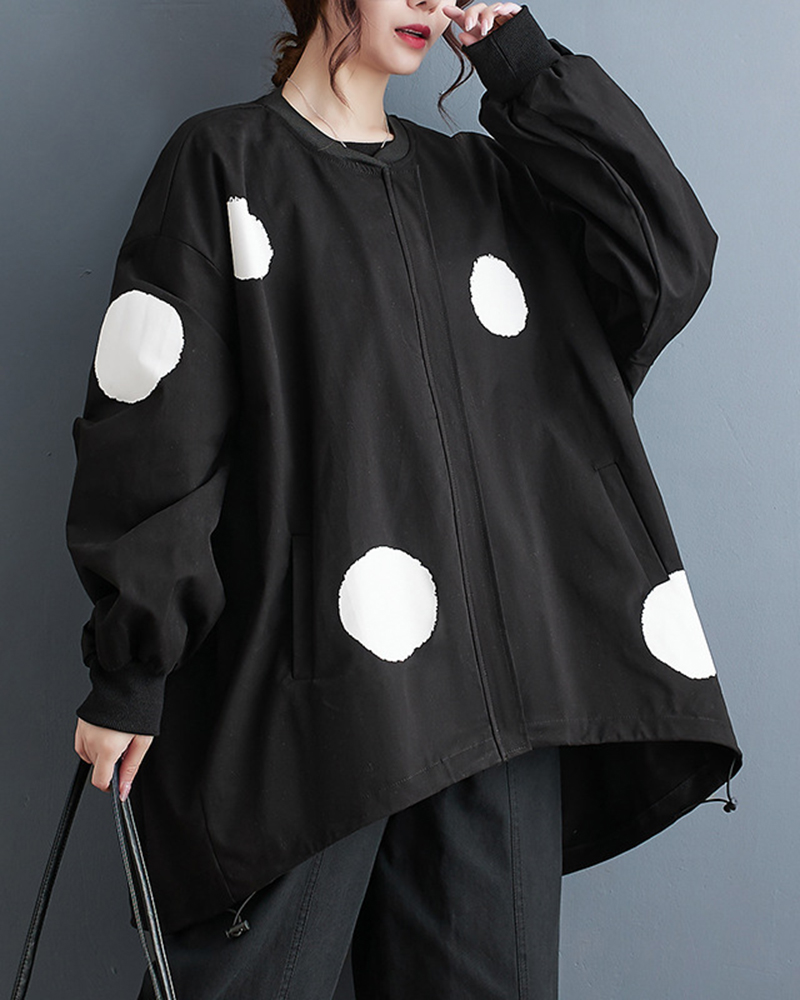 Polka Dot Asymmetric Hem Long Sleeve Oversized Coat