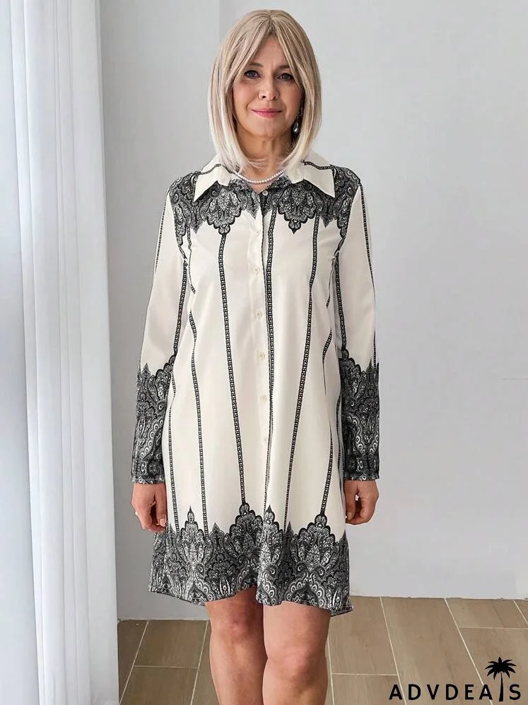 Women's Floral Print Long Sleeve Striped Shirt Dress, Spring/Fall