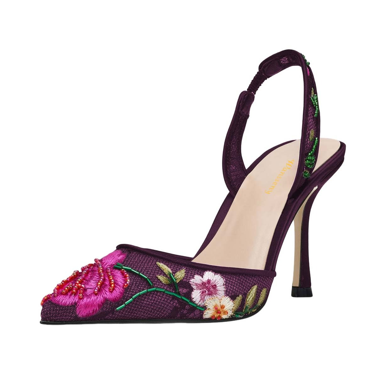 Purple Mesh Beaded Floral Embroidered Pointed Toe Slingback Heels Nicepairs