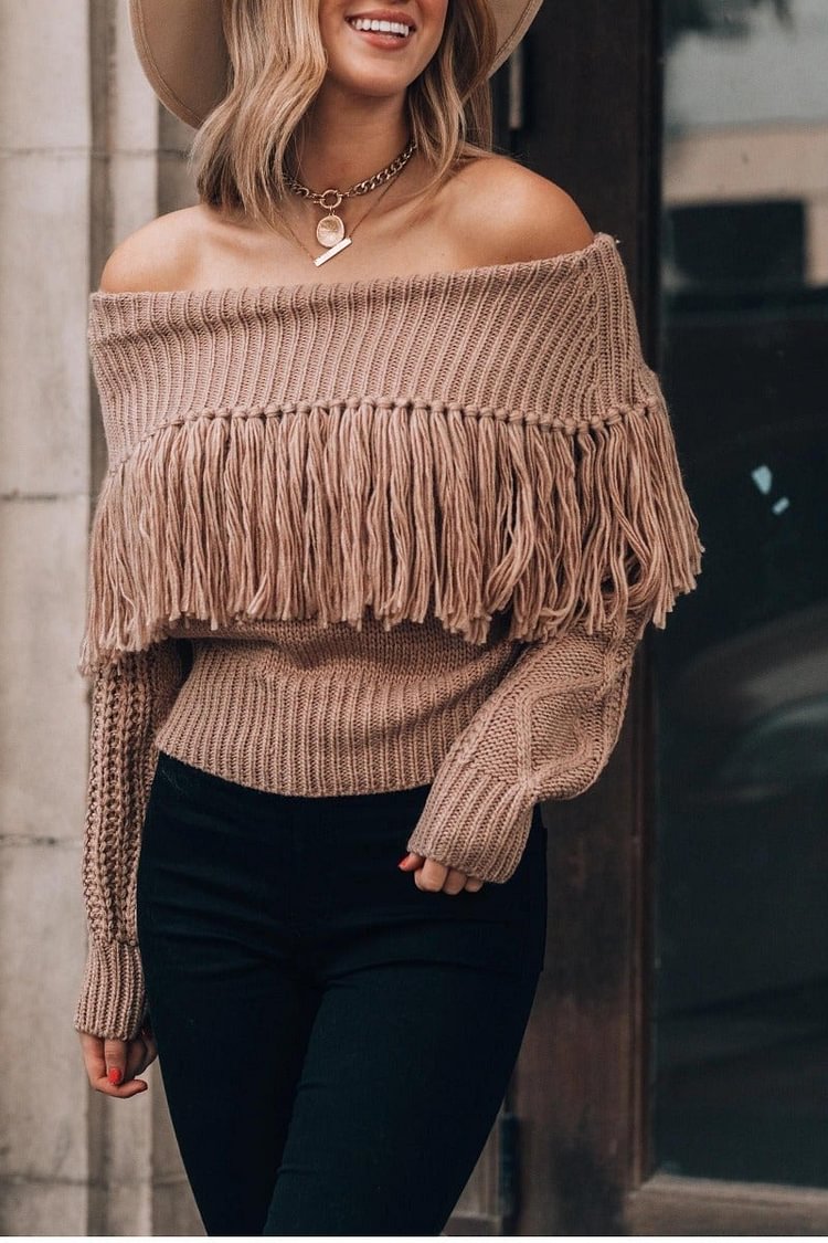Sexy One-Shoulder Fringed Sweater