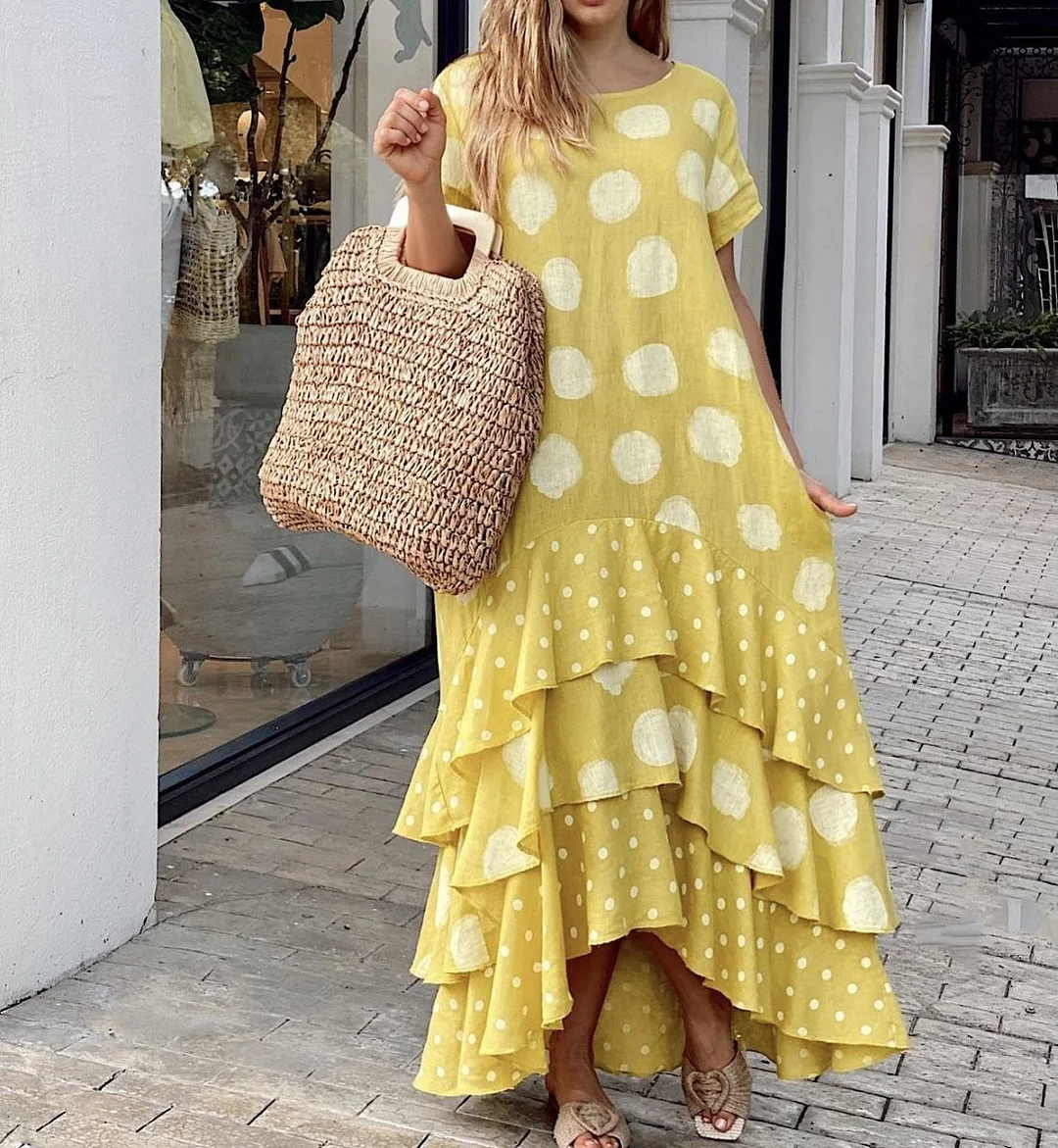 Leisure Vacation Round Neck Polka Dot Long Dress with Large Swing