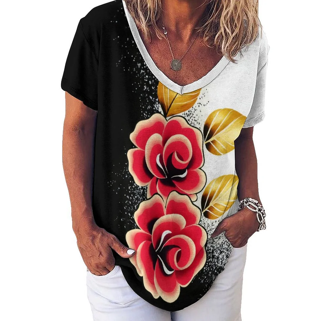V-neck Short Sleeve Casual T-shirt for  Women Printed with Pattern Black, Red, Glitter, Golden