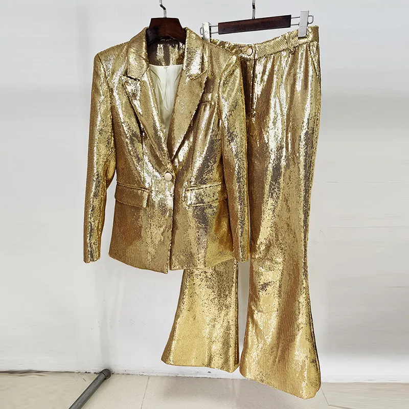 Nigikala Nigikala New Star Fashion Gold Lequine Suit Jacket Trouser Suit Two Sets