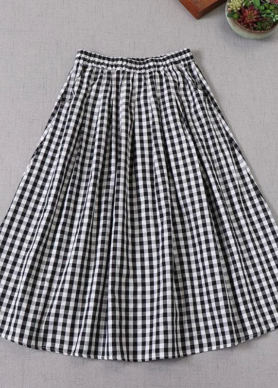 Elegant Black White Plaid wrinkled Pockets Fall Skirt