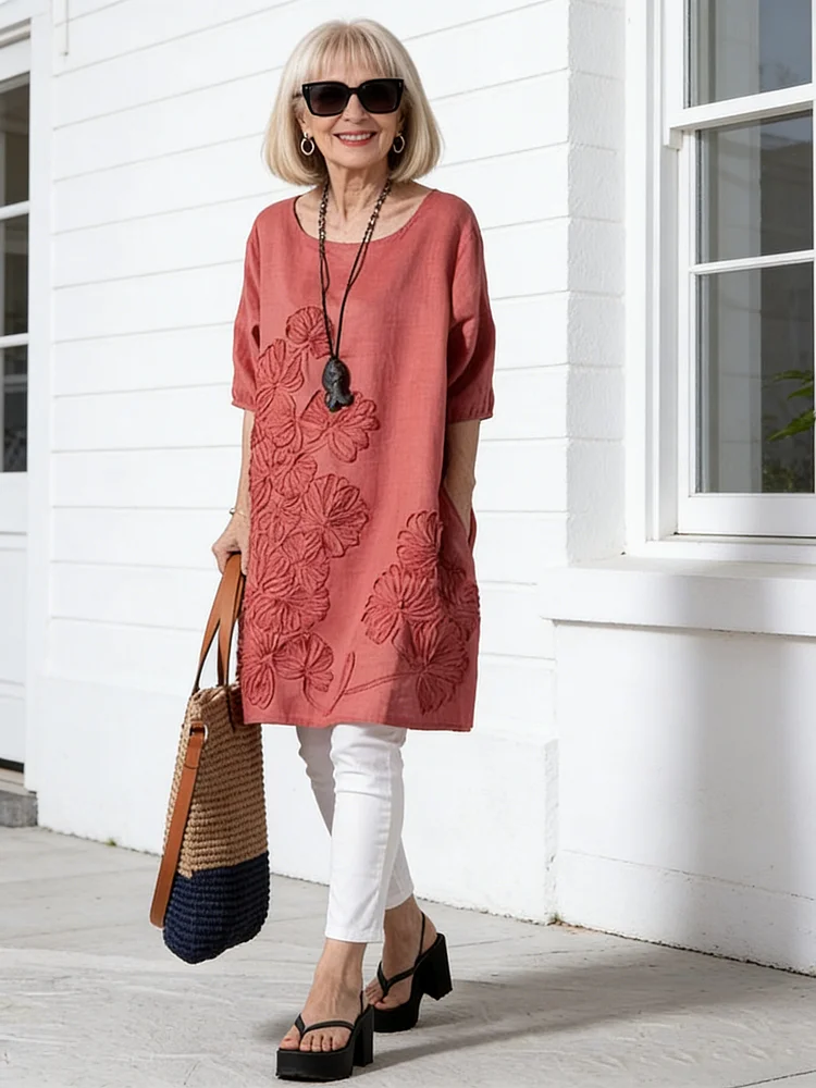 Middle Sleeve Dress Loose Embroidered Long Sleeve Cotton and Linen Dress