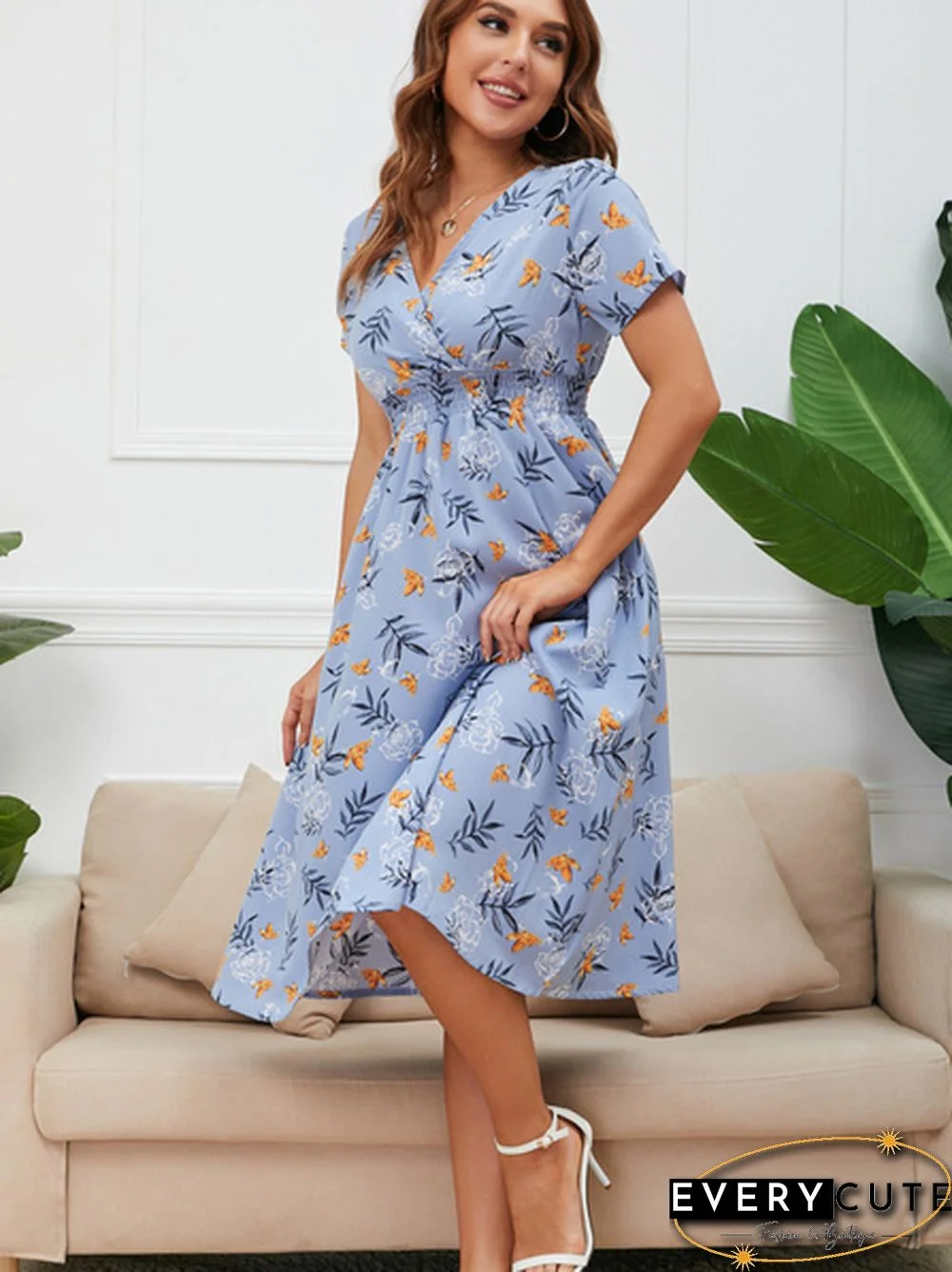 Disty Floral Ruffle Hem Elastic Waist Summer Dress