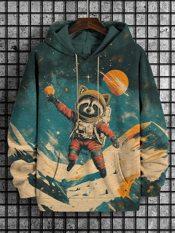 Men's Raccoon Astronaut Travels In Outer Space Art Print Hooded Sweatshirt