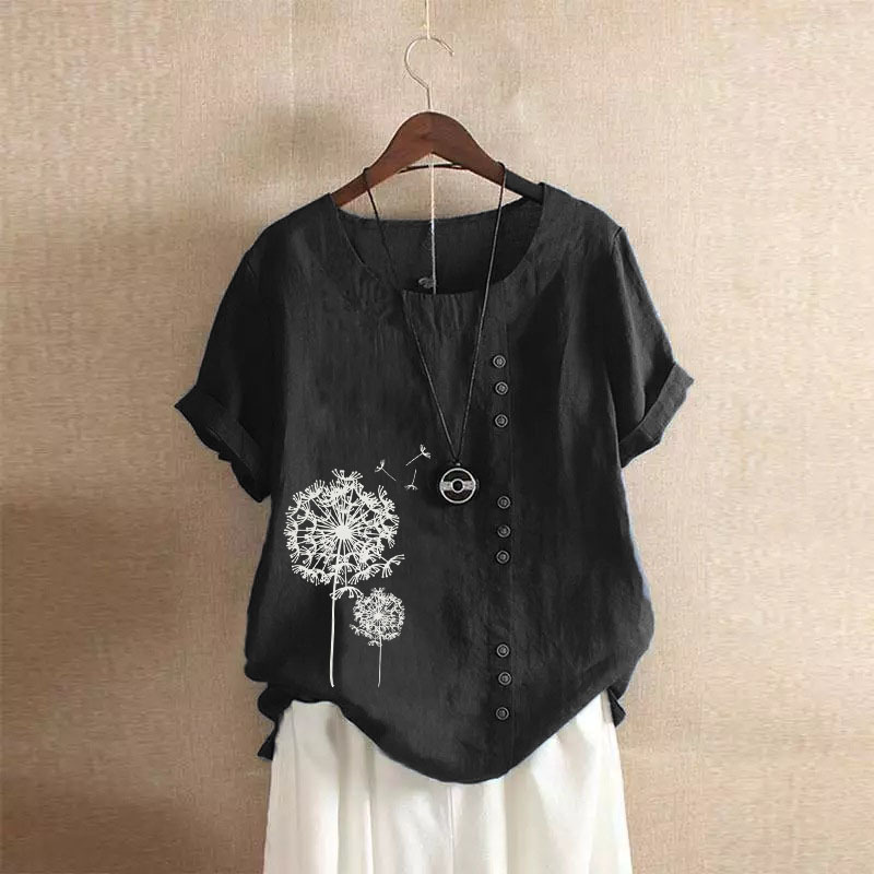 Wicketwarriorss Leisure Dandelion Print Blouse Lady Summer Retro Casual Loose Short Sleeved Pullover Cotton Linen Shirt For Women's Clothing