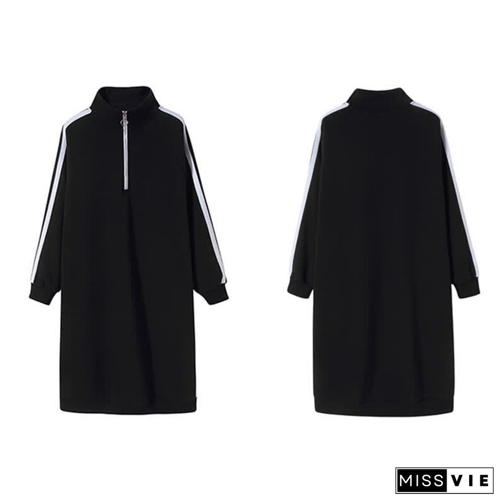 Plus Size Stripe Zipper Long Sleeve Loose Dress