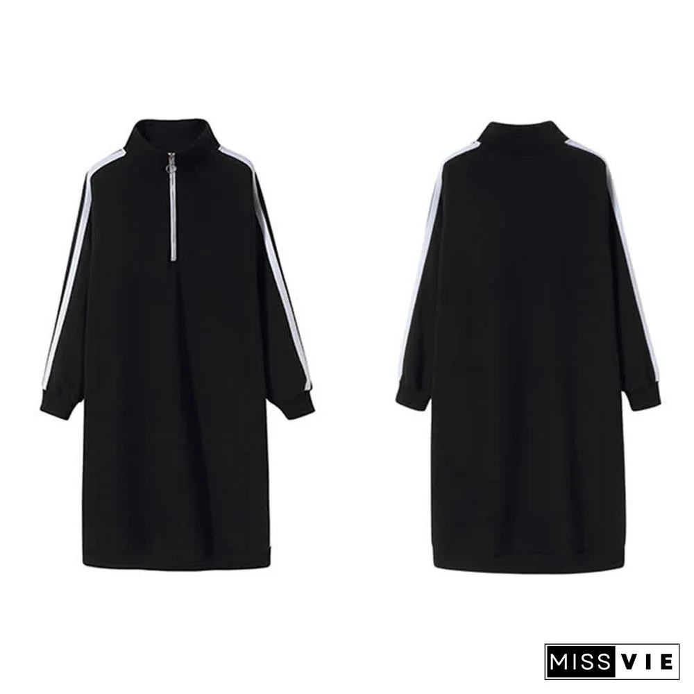 Plus Size Stripe Zipper Long Sleeve Loose Dress