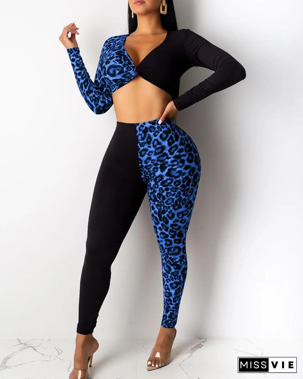 Cheetah Print Colorblock Twisted Crop Top & Pants Sets