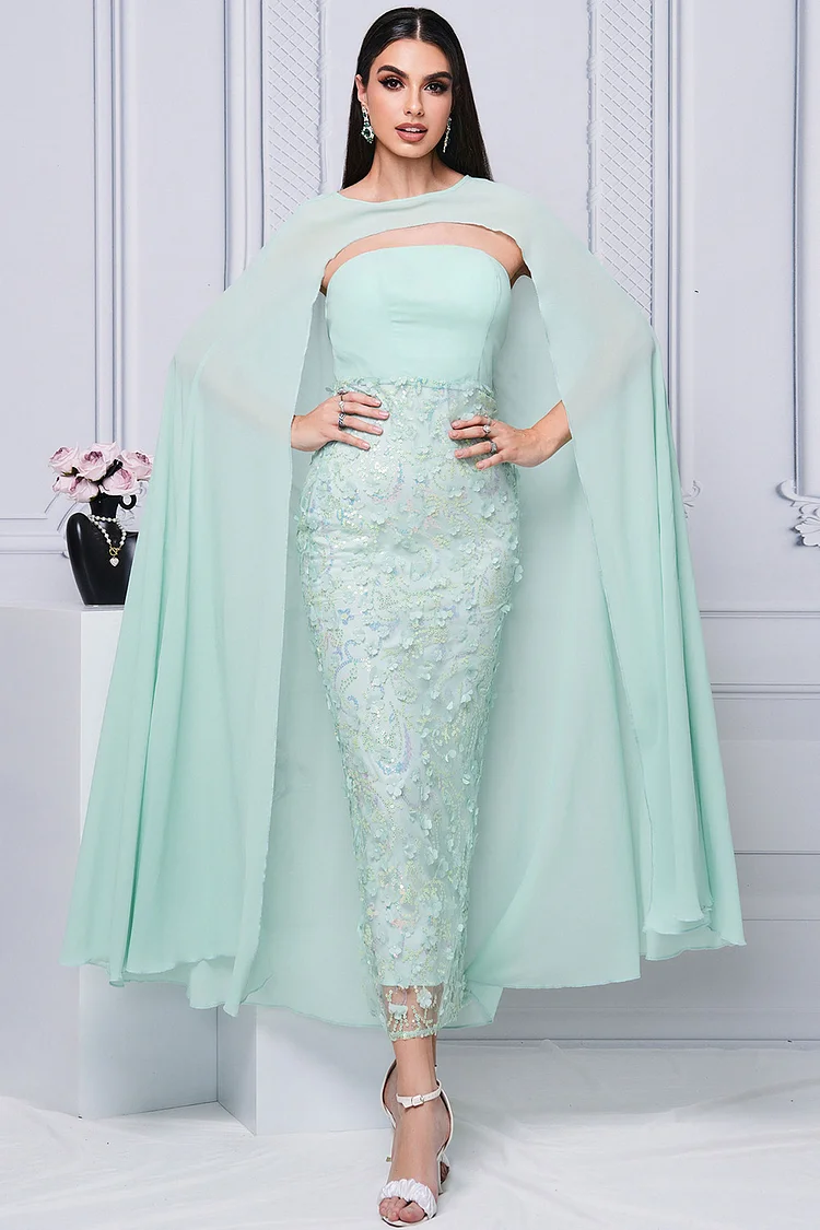 Semi Formal Mint Green Sequin 3D Floral Cape Midi Dress