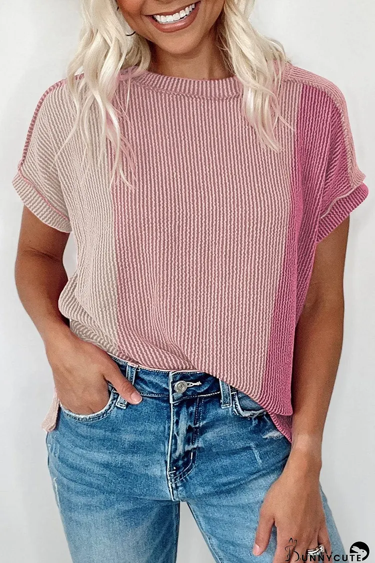 Pink Colorblock Textured Crew Neck Tee for Women