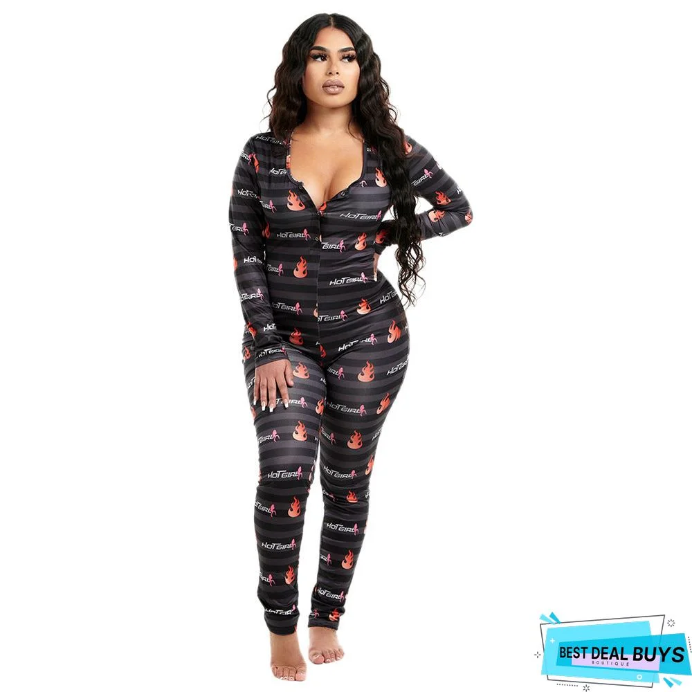 Round Neck Long Sleeve Printing Tight Print Women's Jumpsuit